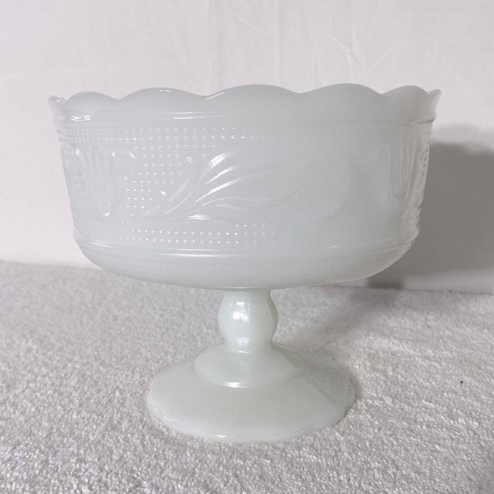 Vintage E.O. Brody Milk Glass Floral Compote Footed Scallop Edge Goblet Dish